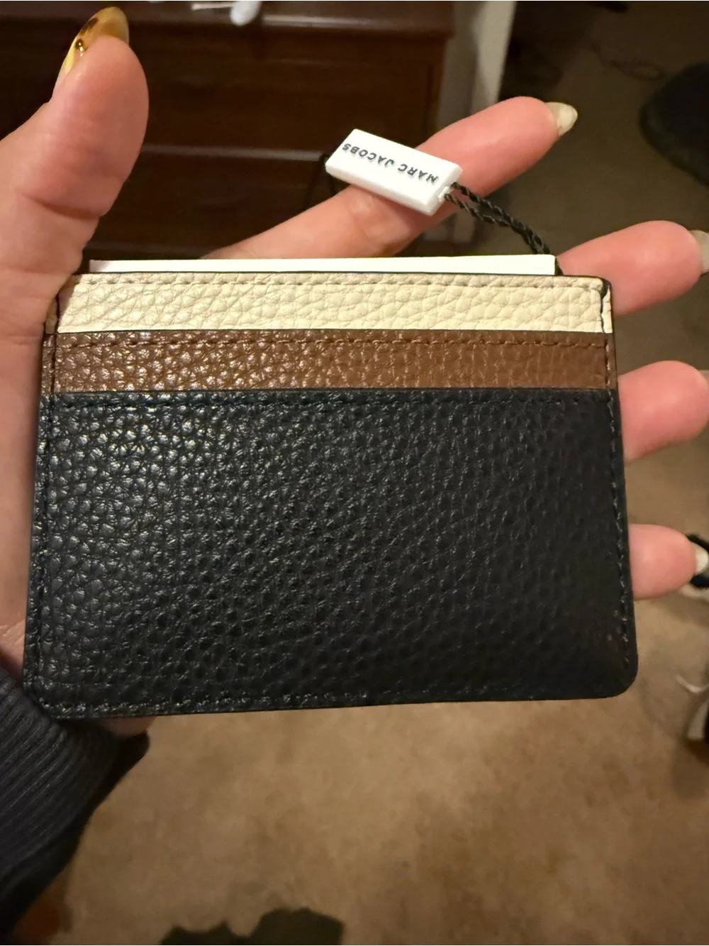 Marc Jacobs Tri-Stripe Leather Card Holder in Black, Brown & Cream